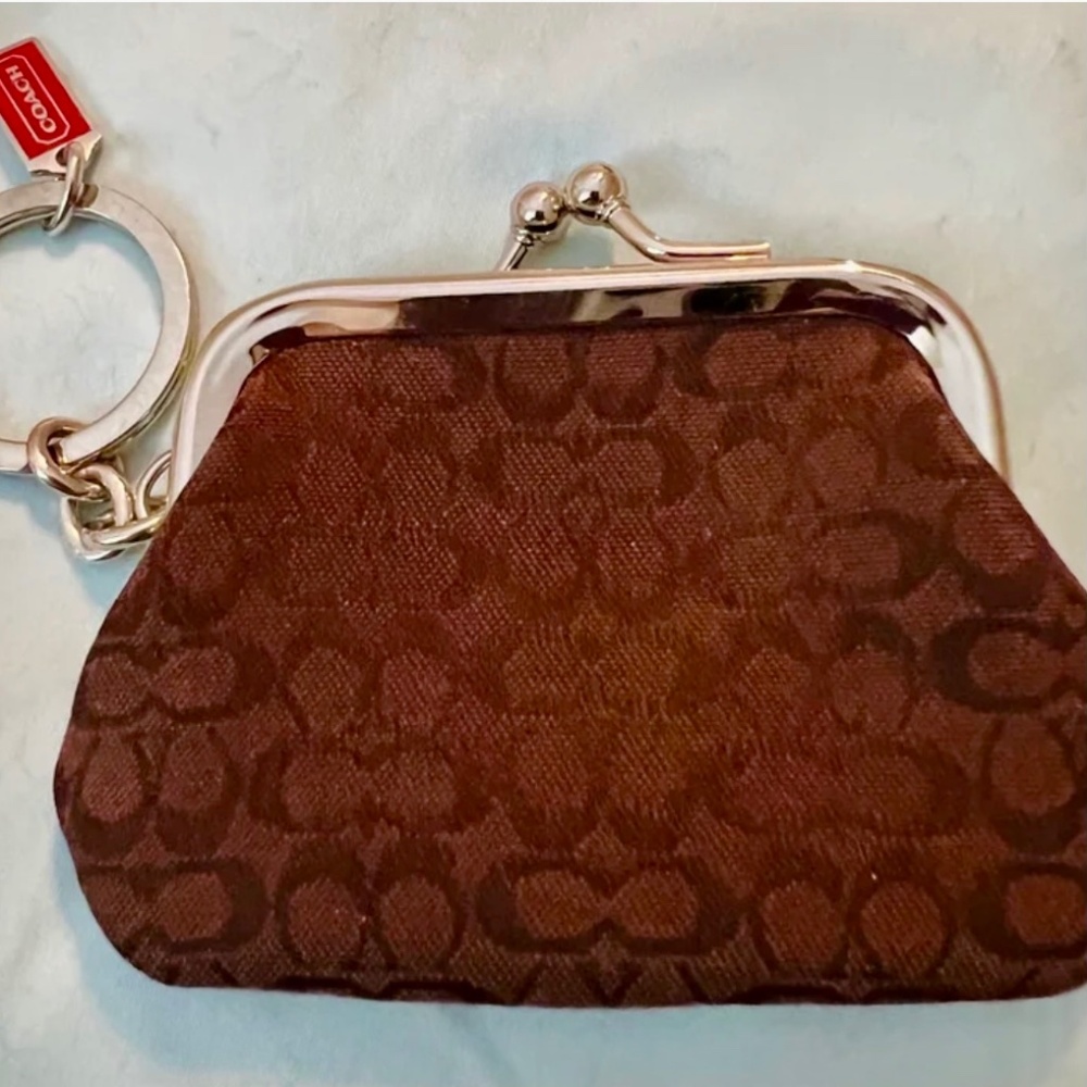 Vintage Coach KISS Lock Mini Signature C Coin Purse / Key Chain BROWN/SLVR NWT